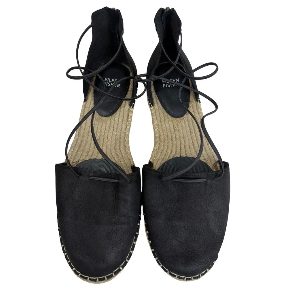 Eileen Fisher Black Leather Lace Up Espadrille Sandals Ankle Wrap Size 11